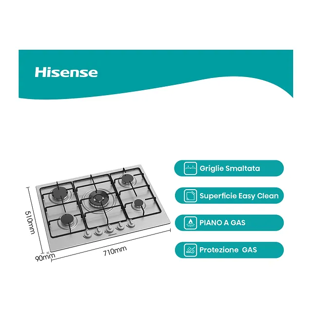 Hisense Piano cottura a gas 71 cm GM773XF, vista 2