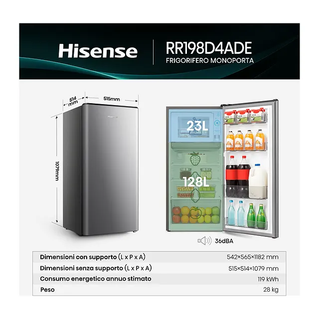 Hisense Frigorifero combinato 108 cm RR198D4ADE, vista 2