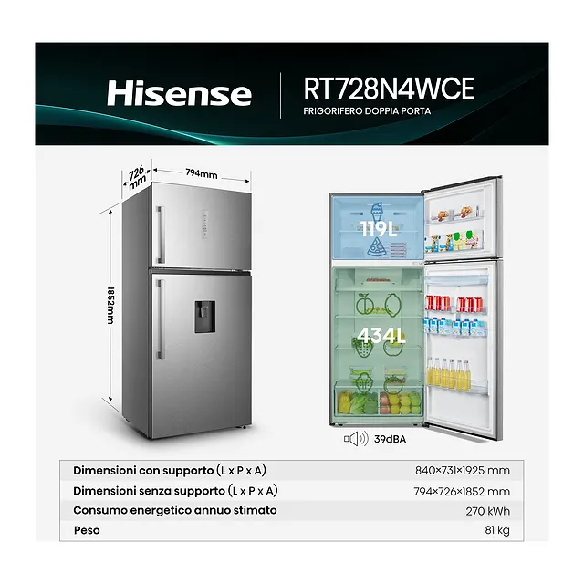 Hisense Frigorifero combinato 185 cm RT728N4WCE, vista 2
