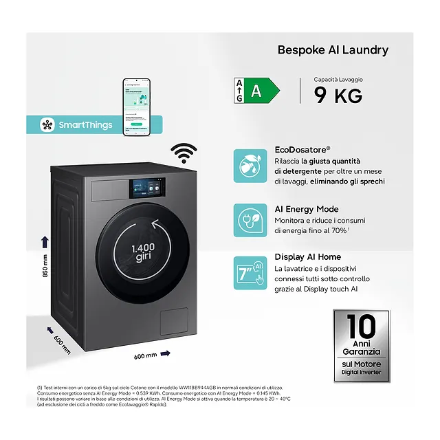 Samsung Lavatrice 9 kg WF90F09C4SU3, vista 3