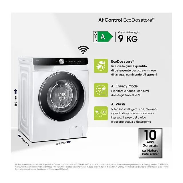 Samsung Lavatrice 9 kg WW90DG6G94LKU3, vista 3